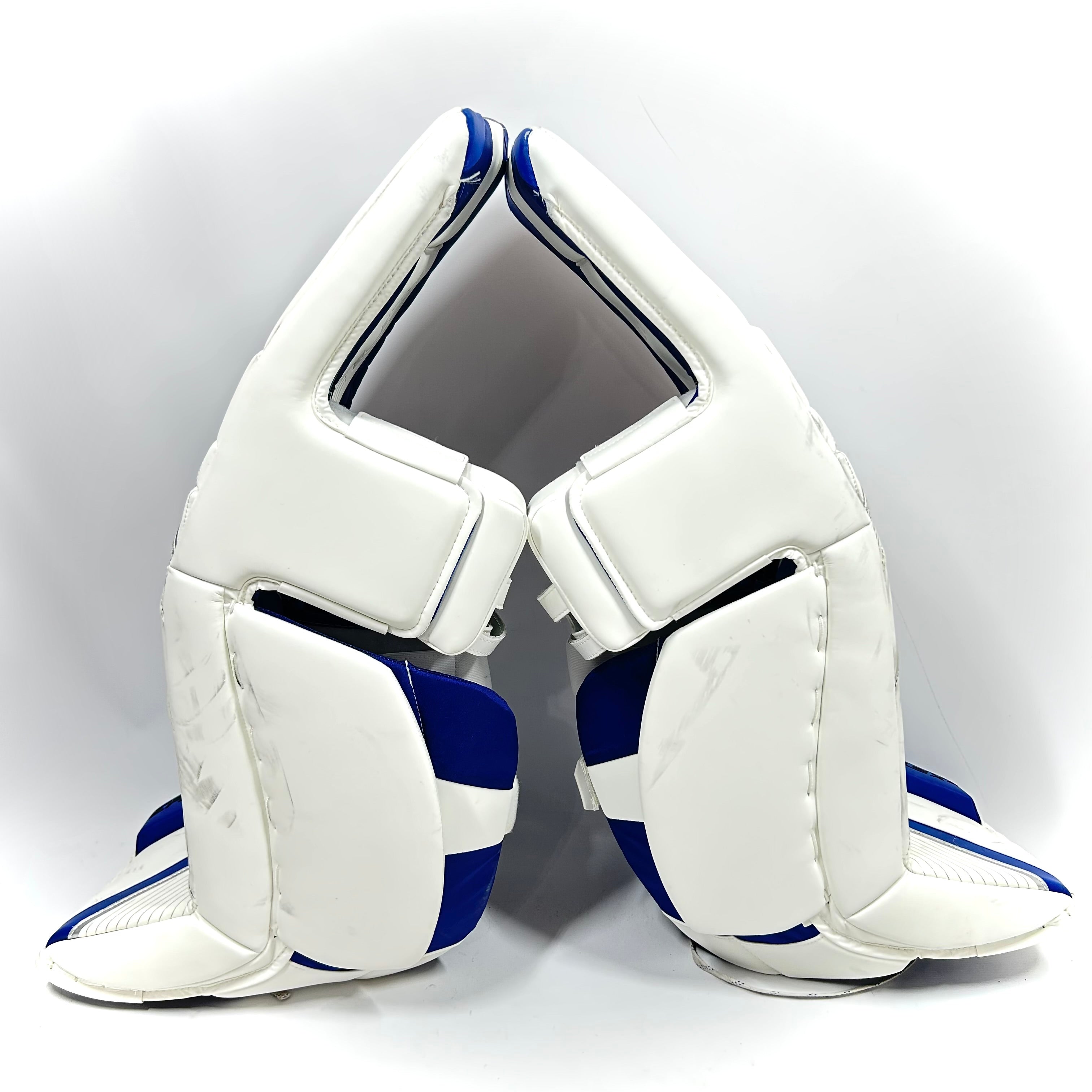 CCM Extreme Flex 6 - Jambières de gardien de but senior CHL Pro Stock d'occasion (blanc/bleu)